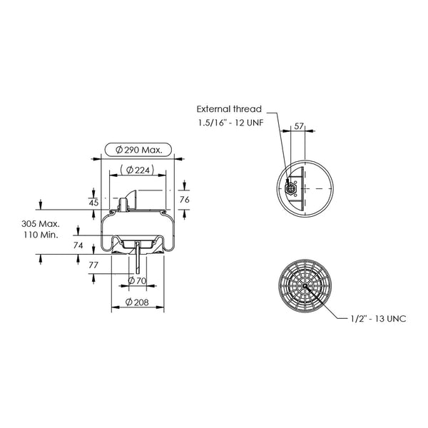 Desenho técnico com medidas: Mola Pneumática Suspensão do Eixo Kenworth OEM K-303-28