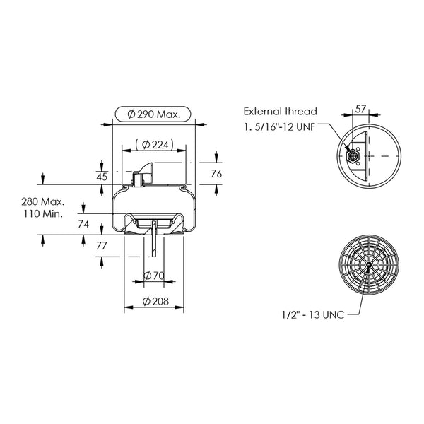 Desenho técnico com medidas: Mola Pneumática Suspensão do Eixo Kenworth OEM K-303-22