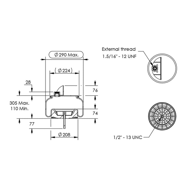 Desenho técnico com medidas: Mola Pneumática Suspensão do Eixo Kenworth OEM C81-1005