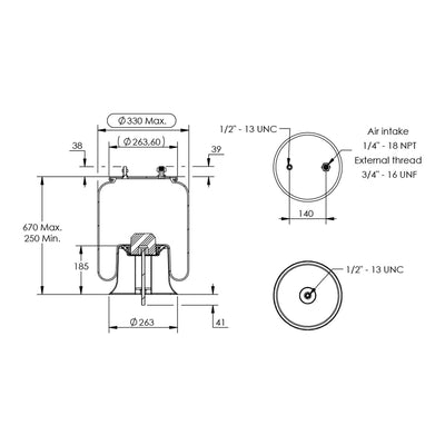 Desenho técnico com medidas: Mola Pneumática Suspensão do Eixo Carreta SAF-Holland OEM 90557168
