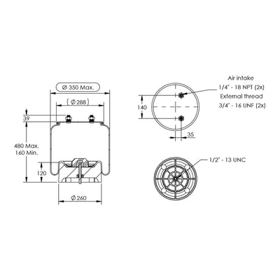 Desenho técnico com medidas: Mola Pneumática Suspensão do Eixo Carreta Hendrickson OEM S20901