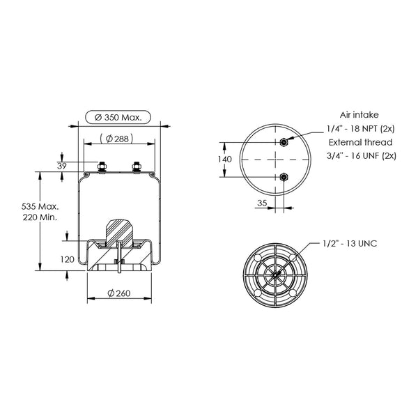 Desenho técnico com medidas: Mola Pneumática Suspensão do Eixo Carreta Hendrickson OEM S23748