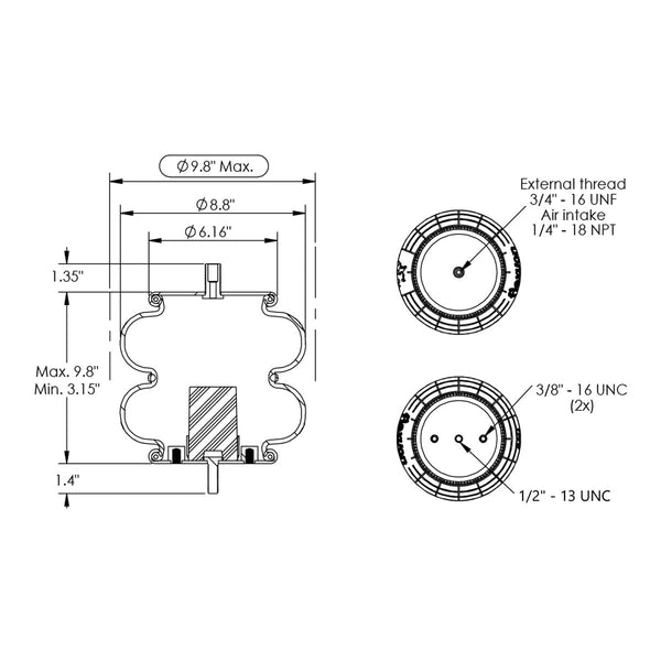 Desenho técnico com medidas: Mola Pneumática Suspensor do Eixo Carreta Watson & Chalin OEM AS-0088