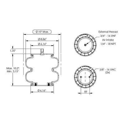 Desenho técnico com medidas: Mola Pneumática Suspensor do Eixo Carreta Hendrickson OEM 002878 e S23114