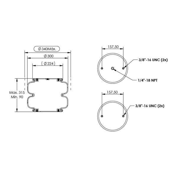 Desenho técnico com medidas: Mola Pneumática Suspensor do Eixo Carreta Granning e Watson & Chalin