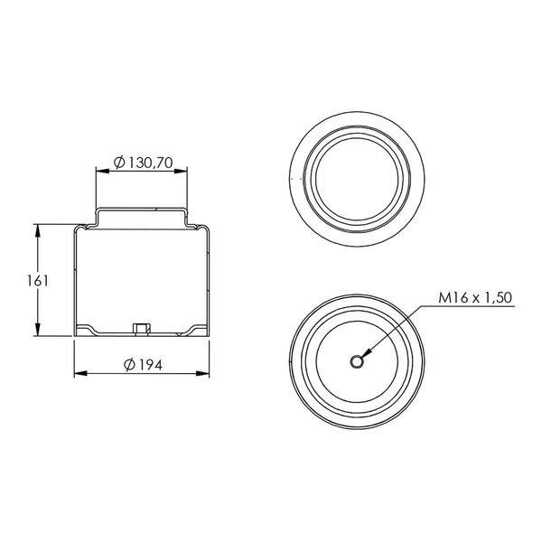 Desenho técnico com medidas: Base da Mola Pneumática Suspensão do Eixo Mercedes-Benz Actros e Axor 2010 a 2022 Tração e Terceiro Eixo