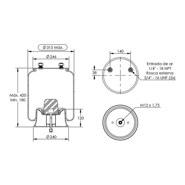 Desenho técnico com medidas: Mola Pneumática Suspensão do Eixo Carreta KLL e SAF-Holland (kit sem base)