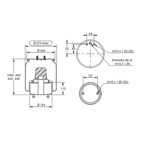 Desenho técnico com medidas: Mola Pneumática Suspensão do Eixo Volvo VM Modelo Importado Tração (kit sem base)