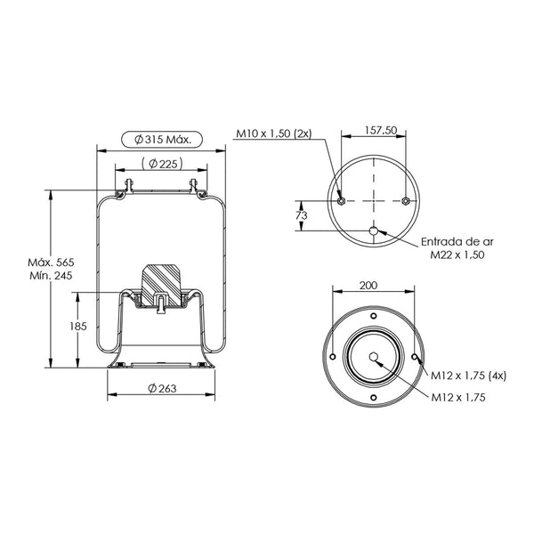 Desenho técnico com medidas: Mola Pneumática Suspensão do Eixo Carreta Montenegro Argentina/Europeia (kit sem base)