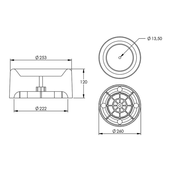 Desenho técnico com medidas: Base da Mola Pneumática Suspensão do Eixo Carreta KLL e SAF-Holland
