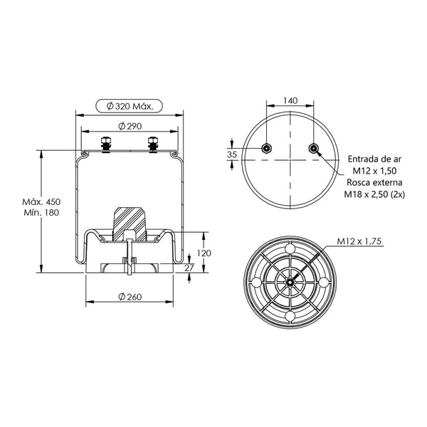 Desenho técnico com medidas: Mola Pneumática Suspensão do Eixo Carreta KLL e SAF-Holland (kit sem base)