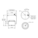Desenho técnico com medidas: Mola Pneumática Suspensão do Eixo Mercedes-Benz Axor e Actros 2015 a 2022 Sem Sensor (kit sem base)