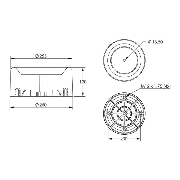 Desenho técnico com medidas: Base Inferior de Nylon da Mola Pneumática Suspensão do Eixo Carreta Randon e Suspensys