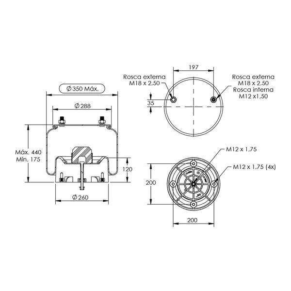 Desenho técnico com medidas: Mola Pneumática Suspensão do Eixo Carreta Randon e Suspensys Suspensão TAS (kit sem base)
