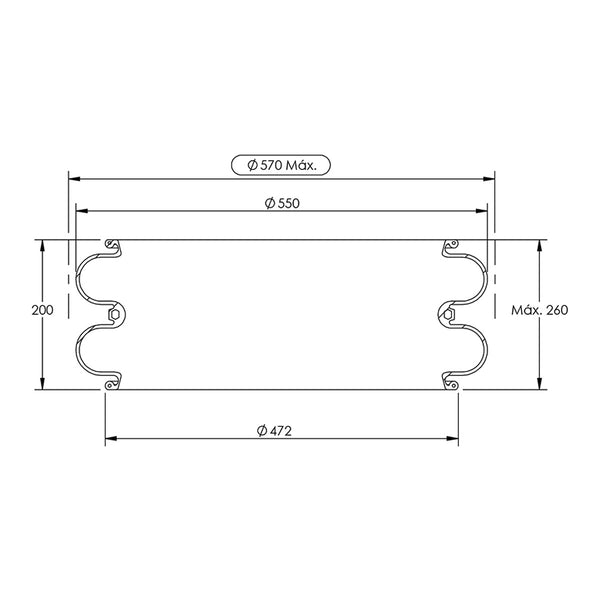 Desenho técnico com medidas: Fole Convolutado Suspensor do Eixo Carreta Randon, Recrusul e Outros Parafuso Diâm. 472 mm x Alt. 200 mm