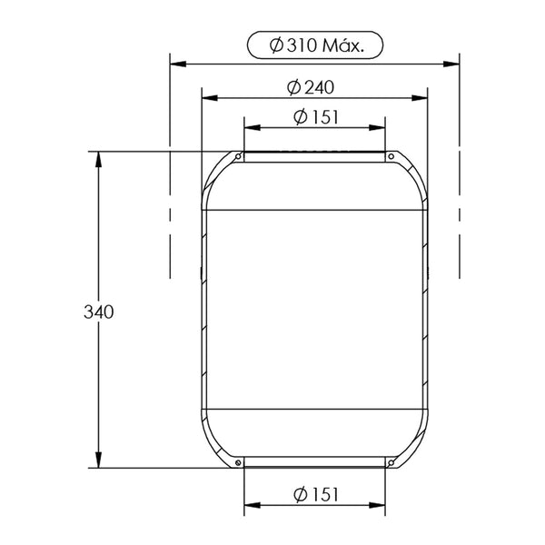 Desenho técnico com medidas: Fole Pneumático Suspensão do Eixo Ônibus Volkswagen 17.230 OD e 17.260 OD, Iveco 17.280 e Outros Dianteiro