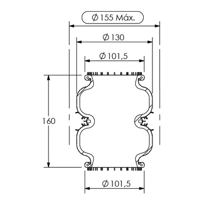 Desenho técnico com medidas: Fole Pneumático Industrial Ø155 x 160 mm