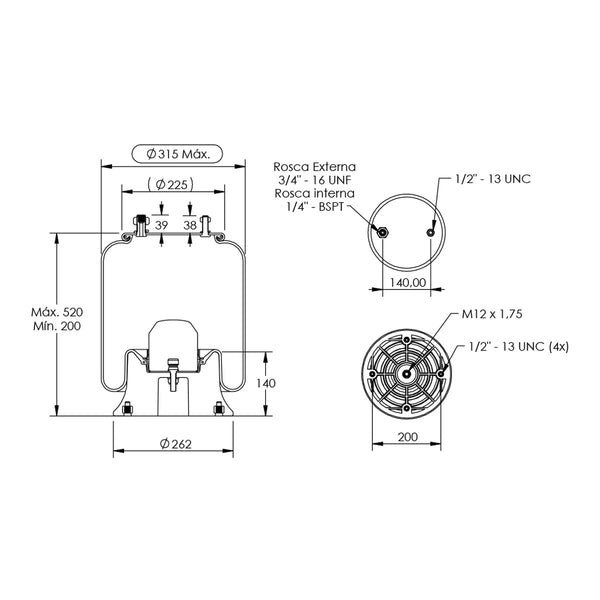 Desenho técnico com medidas: Mola Pneumática Suspensão do Eixo Carreta Boero Suspensão Eixo EZ-CH (kit sem base)
