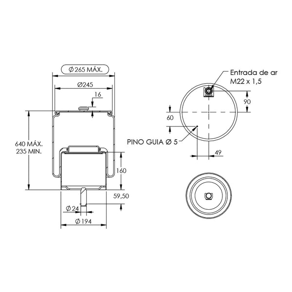 Desenho técnico com medidas: Mola Pneumática Suspensão do Eixo Mercedes-Benz Actros 2021 em Diante Tração e Terceiro Eixo
