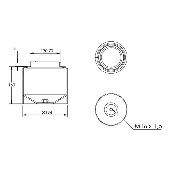Desenho técnico com medidas: Base da Mola Pneumática Suspensor do Eixo Mercedes-Benz Actros 2021 em Diante