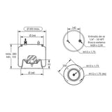 Desenho técnico com medidas: Mola Pneumática Suspensão do Eixo Pulverizador Autopropelido John Deere M4730 Dianteira (kit sem base)