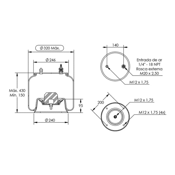 Desenho técnico com medidas: Mola Pneumática Suspensão do Eixo Pulverizador John Deere M4030 e M4730 Dianteira e Traseira (kit sem base)