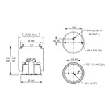 Desenho técnico com medidas: Mola Pneumática Suspensão do Eixo Pulverizador Autopropelido Rubemaq Saurus 2500 Dianteira e Traseira