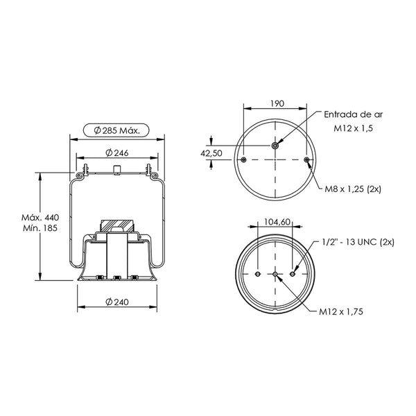 Desenho técnico com medidas: Mola Pneumática Suspensão do Eixo Pulverizador Autopropelido Rubemaq Saurus 2500 Dianteira e Traseira