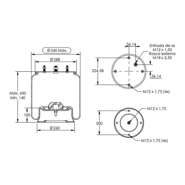 Desenho técnico com medidas: Mola Pneumática Suspensão do Eixo Pulverizador e Distribuidor de Fertilizantes Massey Ferguson, Valtra, Jan e Outros