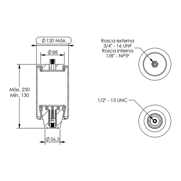 Desenho técnico com medidas: Mola Pneumática da Plantadeira Stara Guapa Supra 6.0 Winter, Jumil Expressa e Outros