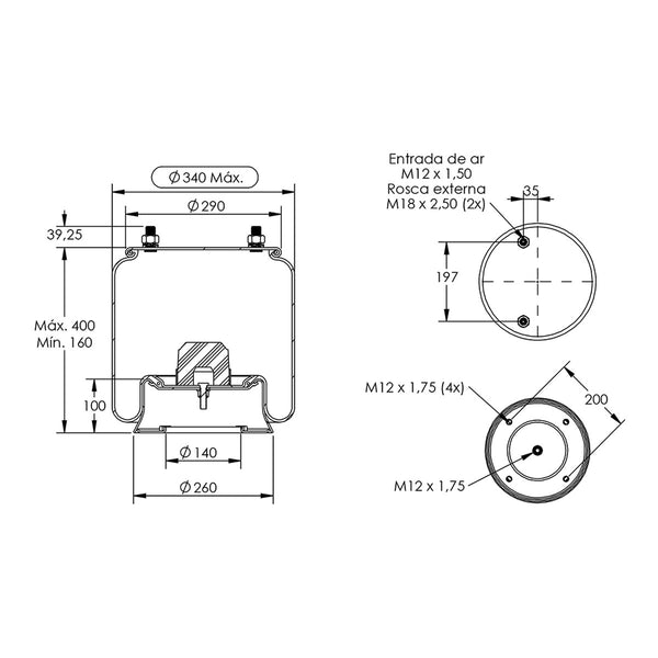 Desenho técnico com medidas: Mola Pneumática Suspensão do Eixo Pulverizador e Distribuidor de Fertilizantes Kuhn Stronger 3200 e Accura 8.0 HD Dianteira e Traseira