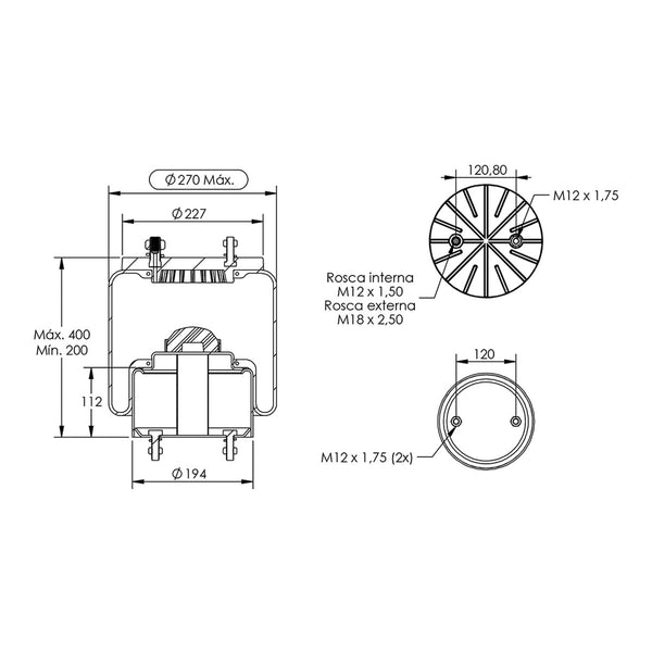 Desenho técnico com medidas: Mola Pneumática Suspensão do Eixo Pulverizador Autopropelido Metalfor 2500 Dianteira e Traseira