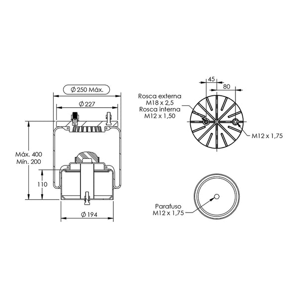 Desenho técnico com medidas: Mola Pneumática Suspensão do Eixo Pulverizador Autopropelido Metalfor 5020 e AR 2350 Dianteira e Traseira