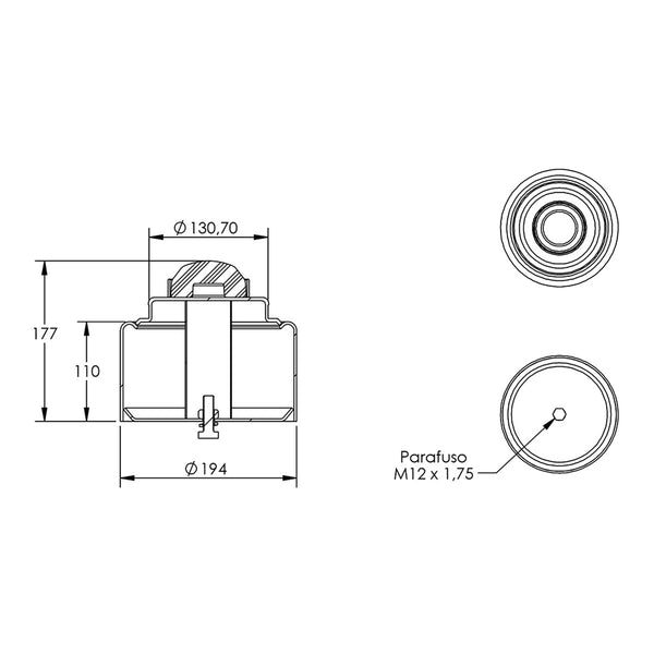 Desenho técnico com medidas: Base da Mola Pneumática Suspensão do Eixo Pulverizador Autopropelido Metalfor 5020 e AR 2350 Dianteira e Traseira