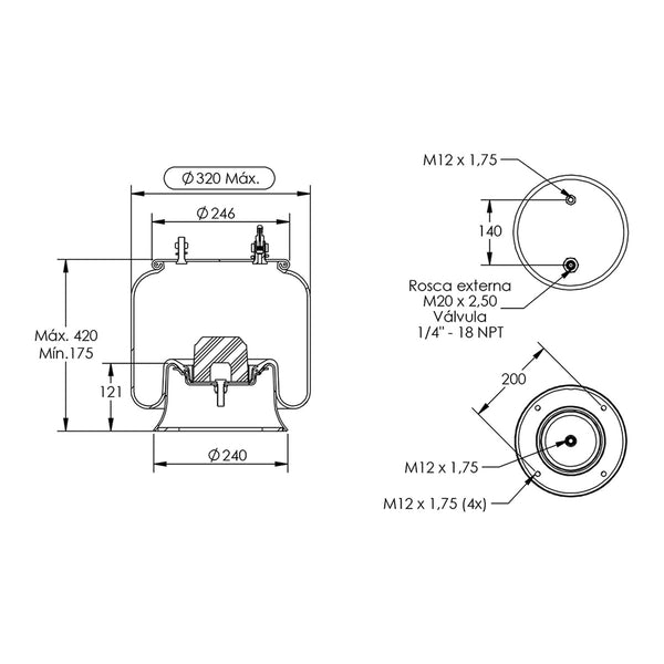 Desenho técnico com medidas: Mola Pneumática Suspensão do Eixo Pulverizador PLA 120 J, Hydra 200 e Taurus 320 Dianteira e Traseira