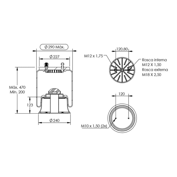 Desenho técnico com medidas: Mola Pneumática Suspensão do Eixo Pulverizador/Distribuidor Jacto Uniport 2030 e 3030 e Outros Dianteira e Traseira