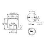 Desenho técnico com medidas: Mola Pneumática Suspensão do Eixo Ônibus Scania K-124 IB/EB 6x2 e K-400 IB 6x2 Terceiro Eixo