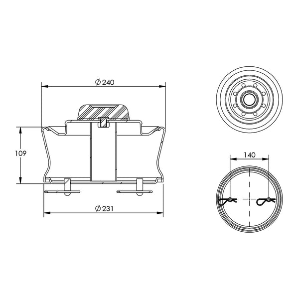 Desenho técnico com medidas: Base da Mola Pneumática Suspensão do Eixo Ônibus Scania K-124 IB/EB, L-94 IB e K-400 Dianteira