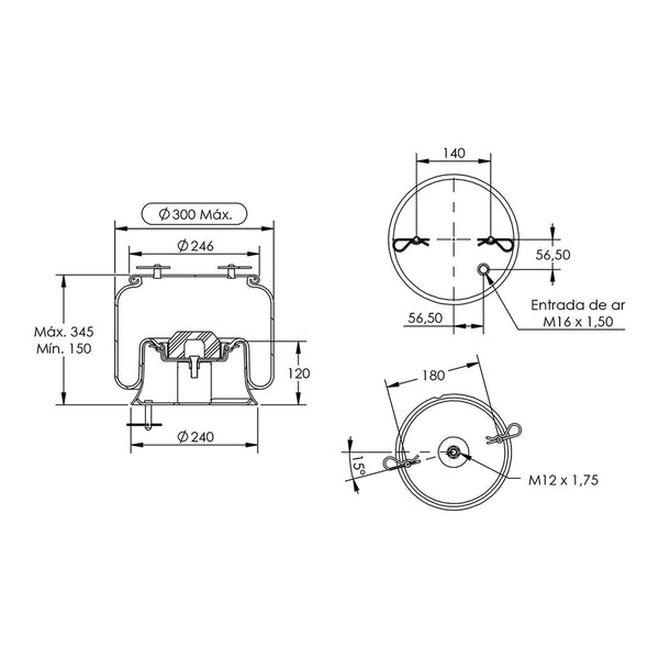Desenho técnico com medidas: Mola Pneumática Suspensão do Eixo Ônibus Scania K-310, K-360 e K-420 e Outros Dianteira