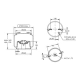 Desenho técnico com medidas: Mola Pneumática Suspensão do Eixo Ônibus Scania K-310, K-360 e K-420 e Outros Dianteira (kit sem base)