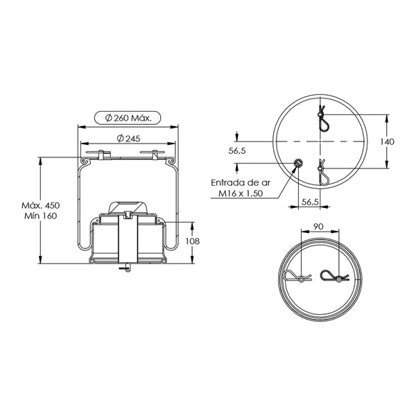 Desenho técnico com medidas: Mola Pneumática Suspensão do Eixo Ônibus Scania K-250 IB 4x2, K-250 UB 4x2 e K-270 UB 4x2/6x2*4 Dianteira