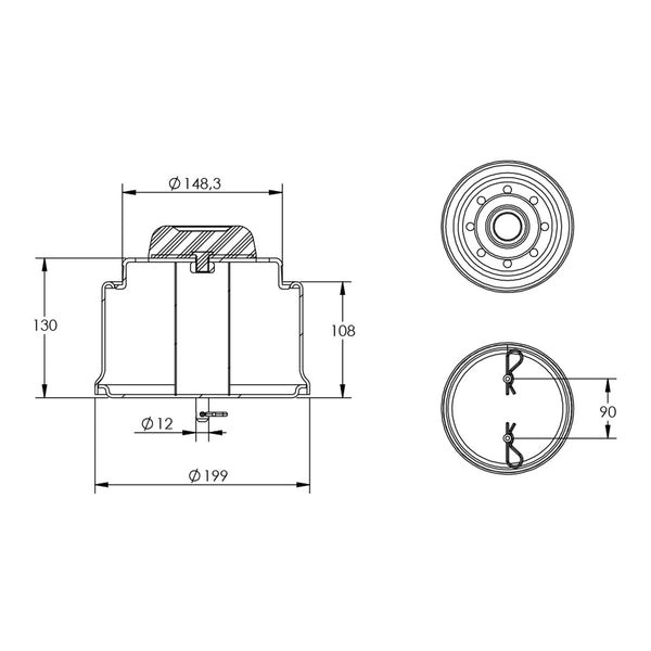 Desenho técnico com medidas: Base da Mola Pneumática Suspensão do Eixo Ônibus Scania K-250 IB 4x2, K-250 UB 4x2 e K-270 UB 4x2/6x2*4 Dianteira