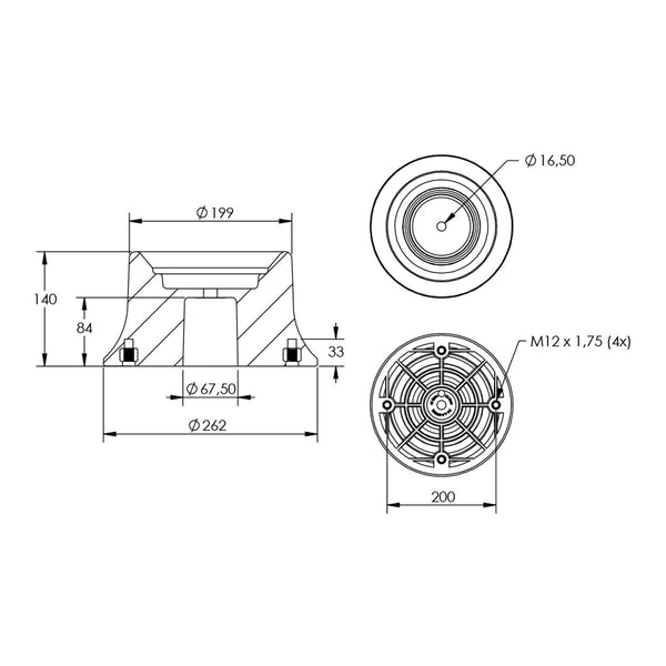 Desenho técnico com medidas: Base de Nylon da Mola Pneumática Suspensão do Eixo Ônibus Scania F-94 HA 6x2 Articulado Traseira