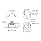 Desenho técnico com medidas: Mola Pneumática Suspensão do Eixo Ônibus Busscar Híbrido O-500 RS Dianteira (kit sem base)