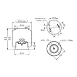 Desenho técnico com medidas: Mola Pneumática Suspensão do Eixo Ônibus Scania K-440 IB 8x2 Dianteira (kit sem base)
