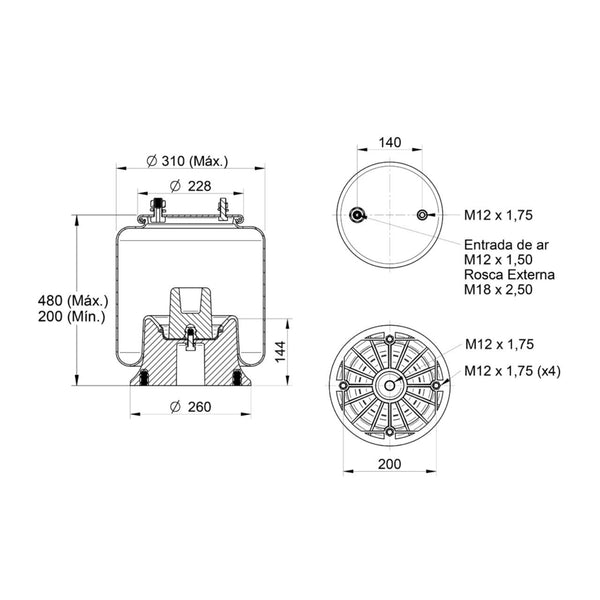 Conjunto Mola Pneumática Suspensão Eixo com Base Volvo NH12 FH12
